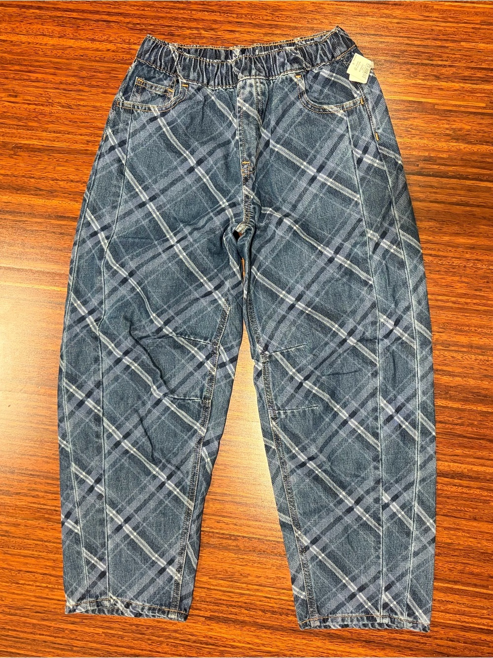 Gap Girls Size L (10) NWT Plaid Plisse Barrel Leg Denim Jeans